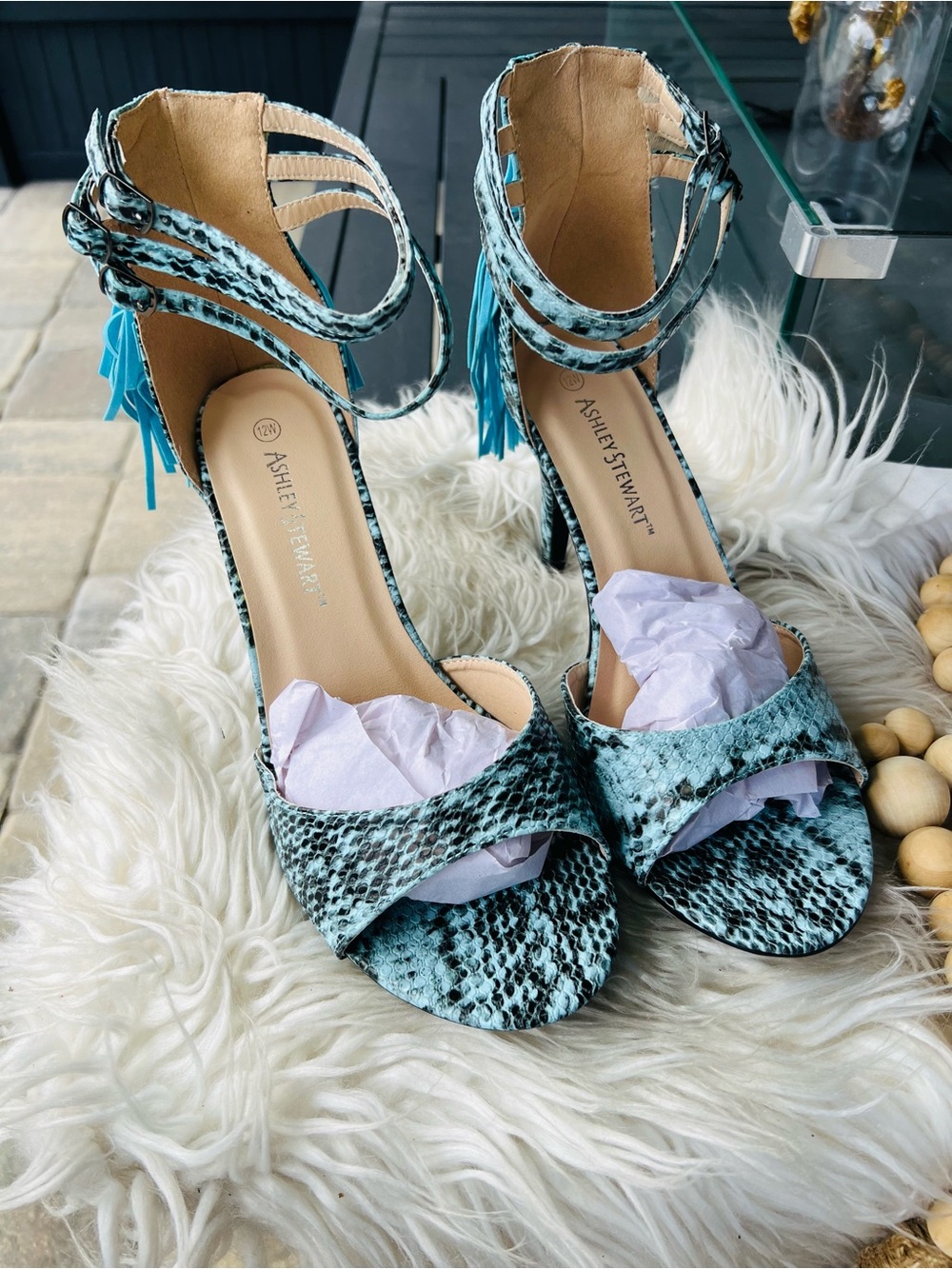 Ashley Stewart Turquoise Snake-Print Fringe Stiletto Sandals - Picture 3 of 6
